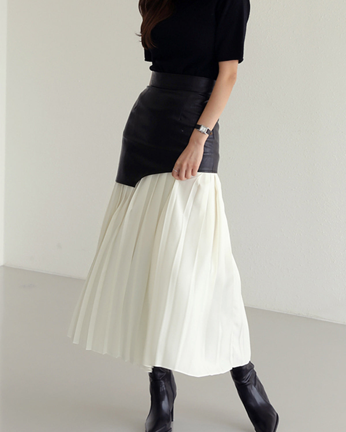 Asymmetric Patchwork Faux Leather Chiffon Pleated Maxi Skirt