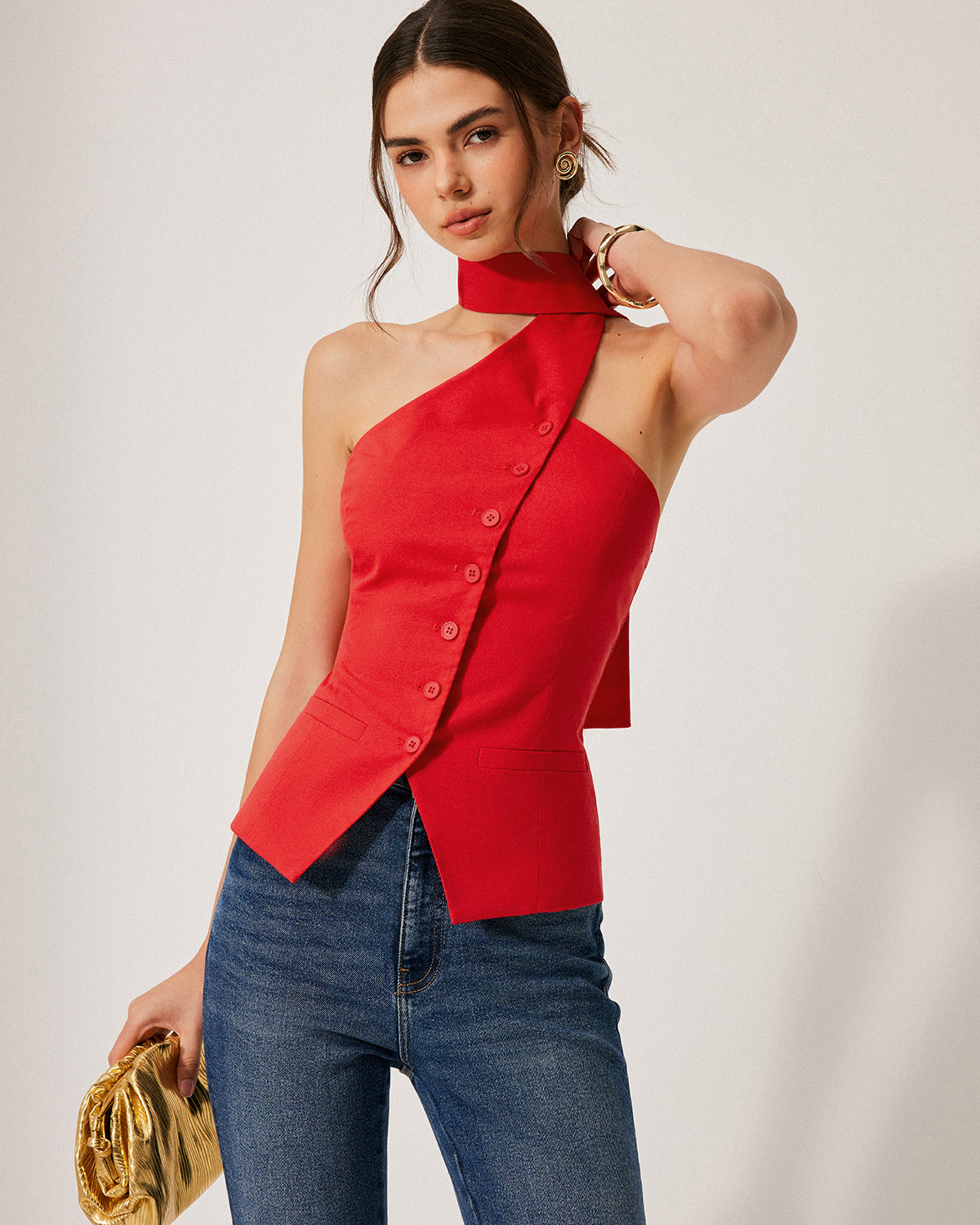 Cotton & Linen Halter Top With Decor Pockets
