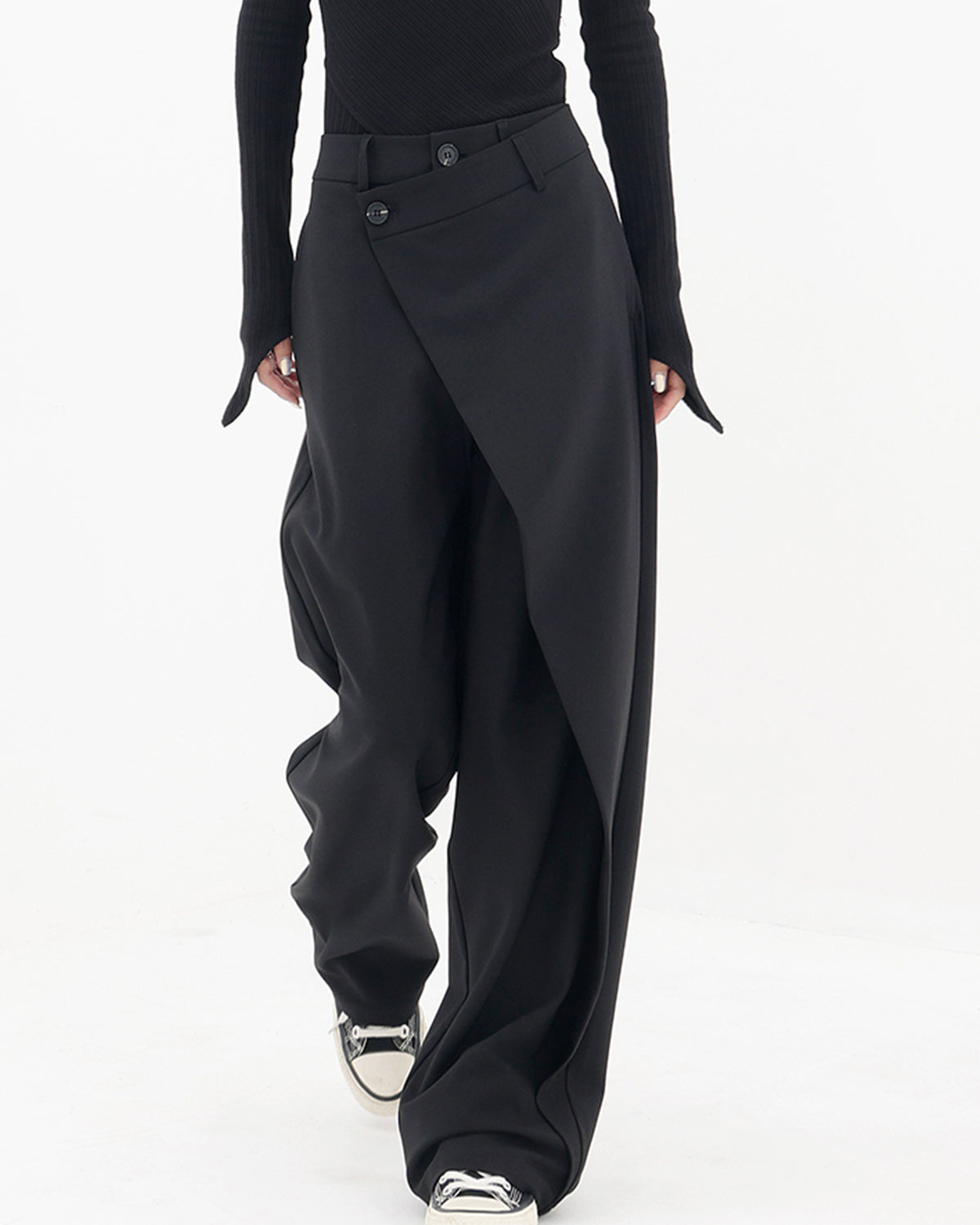 Asymmetrical Layer Button Wide Leg Dress Pants