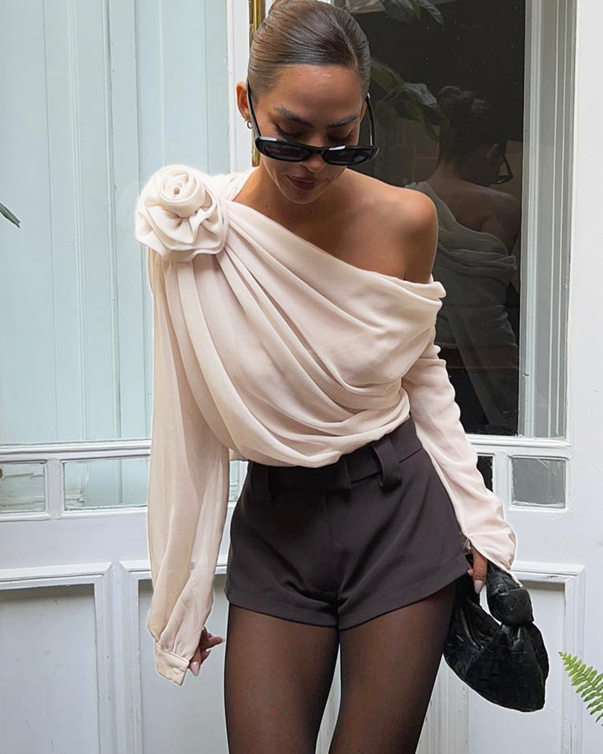 Chiffon Semi-sheer One Shoulder Asymmetrical Blouse
