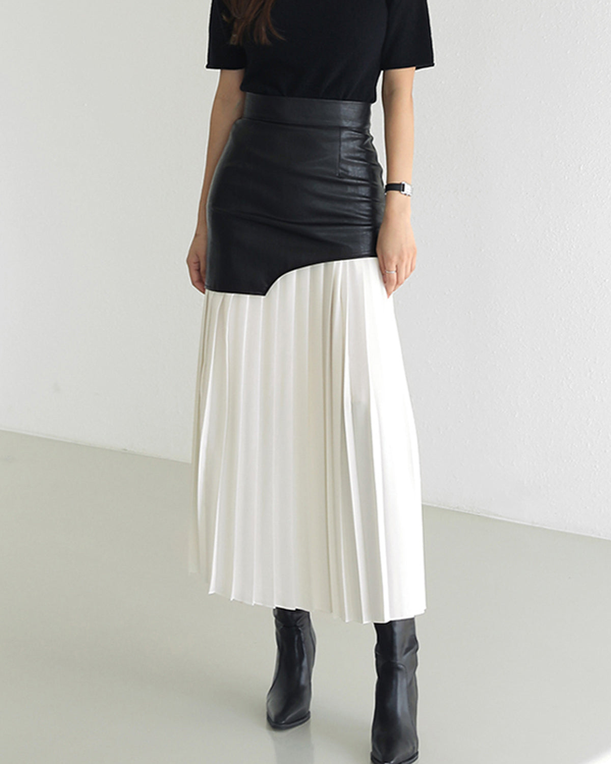 Asymmetric Patchwork Faux Leather Chiffon Pleated Maxi Skirt